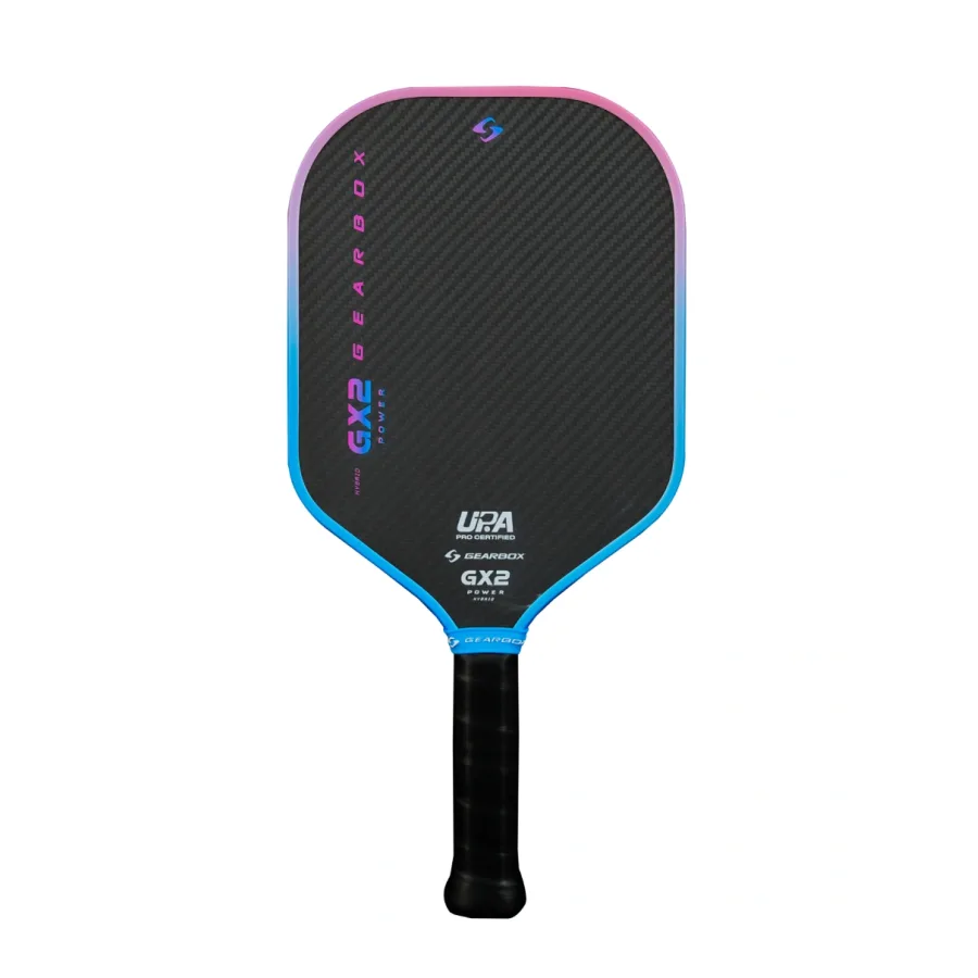 Mặt sau vợt GX2 Power Hybrid Limited Blue Pink nhìn thẳng, thấy dấu chứng nhận in gần cổ vợt