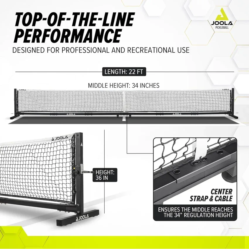 Đồ họa thông số chiều dài, chiều cao hai đầu và giữa lưới JOOLA Pro Pickleball Net (S)