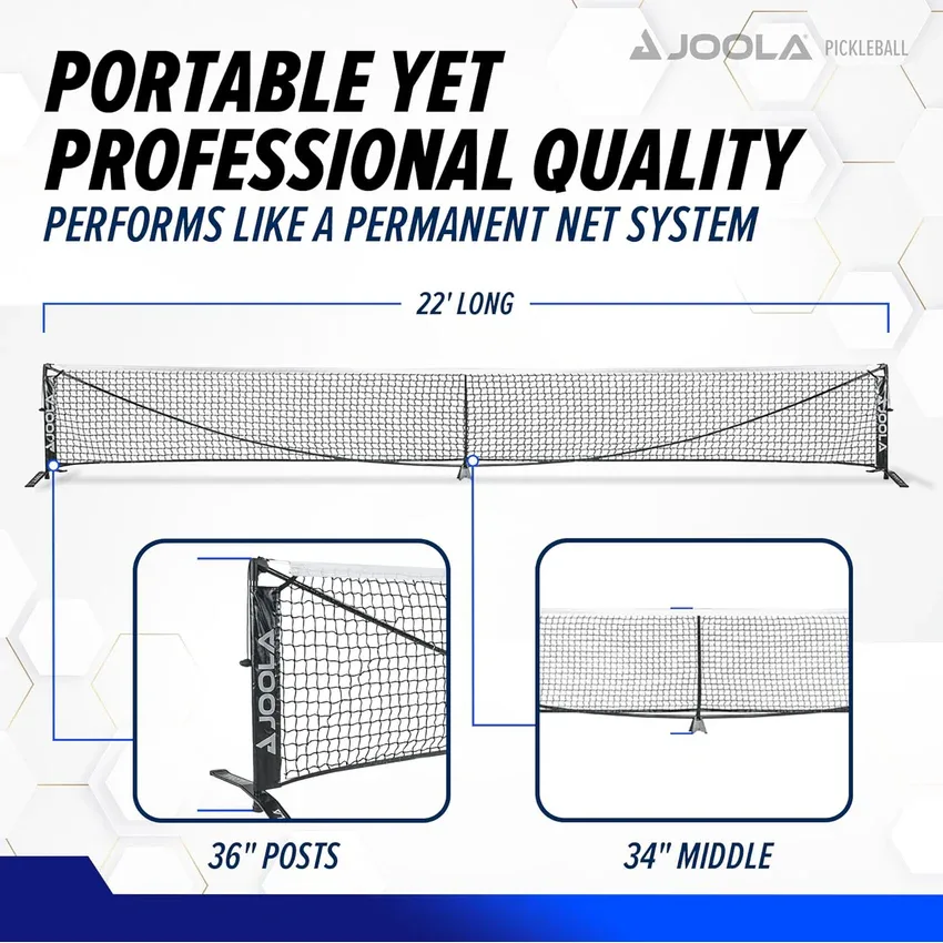Ảnh thông số JOOLA Symmetry: dài 22 ft, trụ 36 in, giữa lưới 34 in