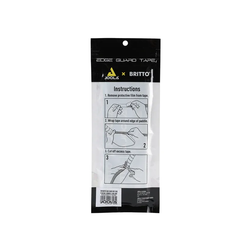 Mặt sau gói băng mép JOOLA x BRITTO với mục Instructions ba bước