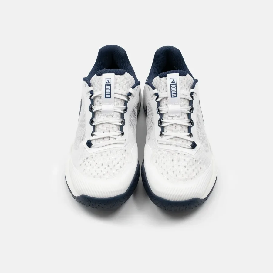 Đôi giày JOOLA R4LLy White/Midnight Navy nhìn thẳng từ phía trước, thấy phần mũi