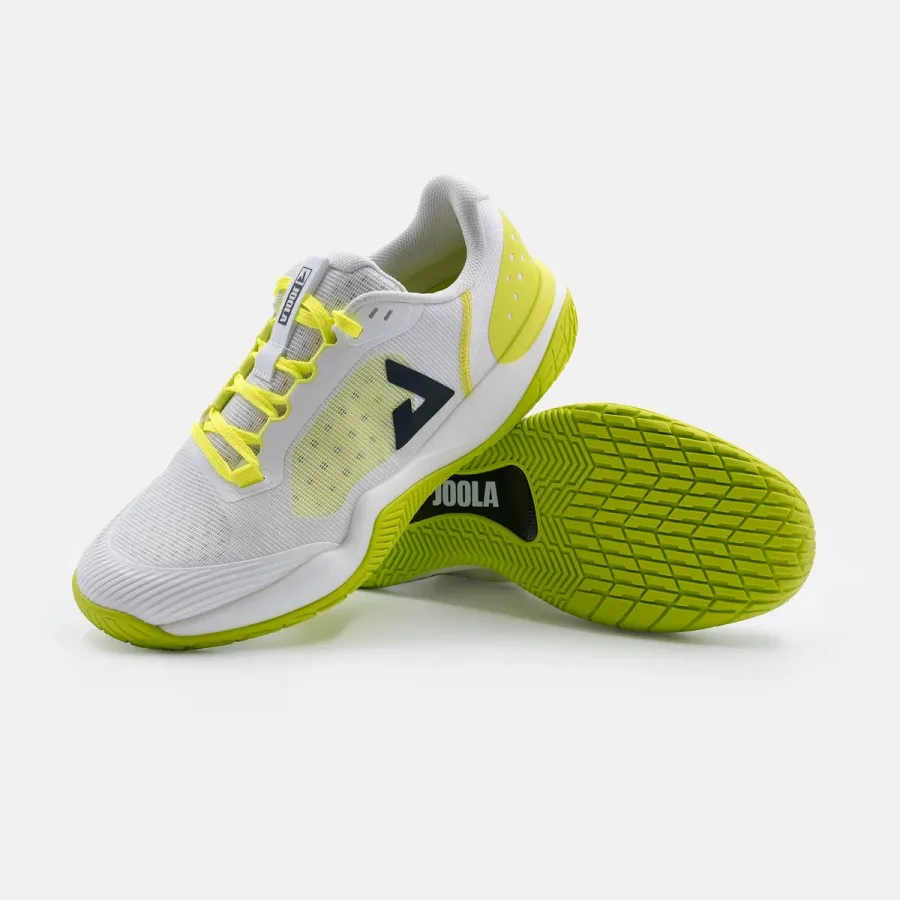 Đôi giày JOOLA R4LLy White/Black-Pickleball Green, một chiếc lật nghiêng thấy đế